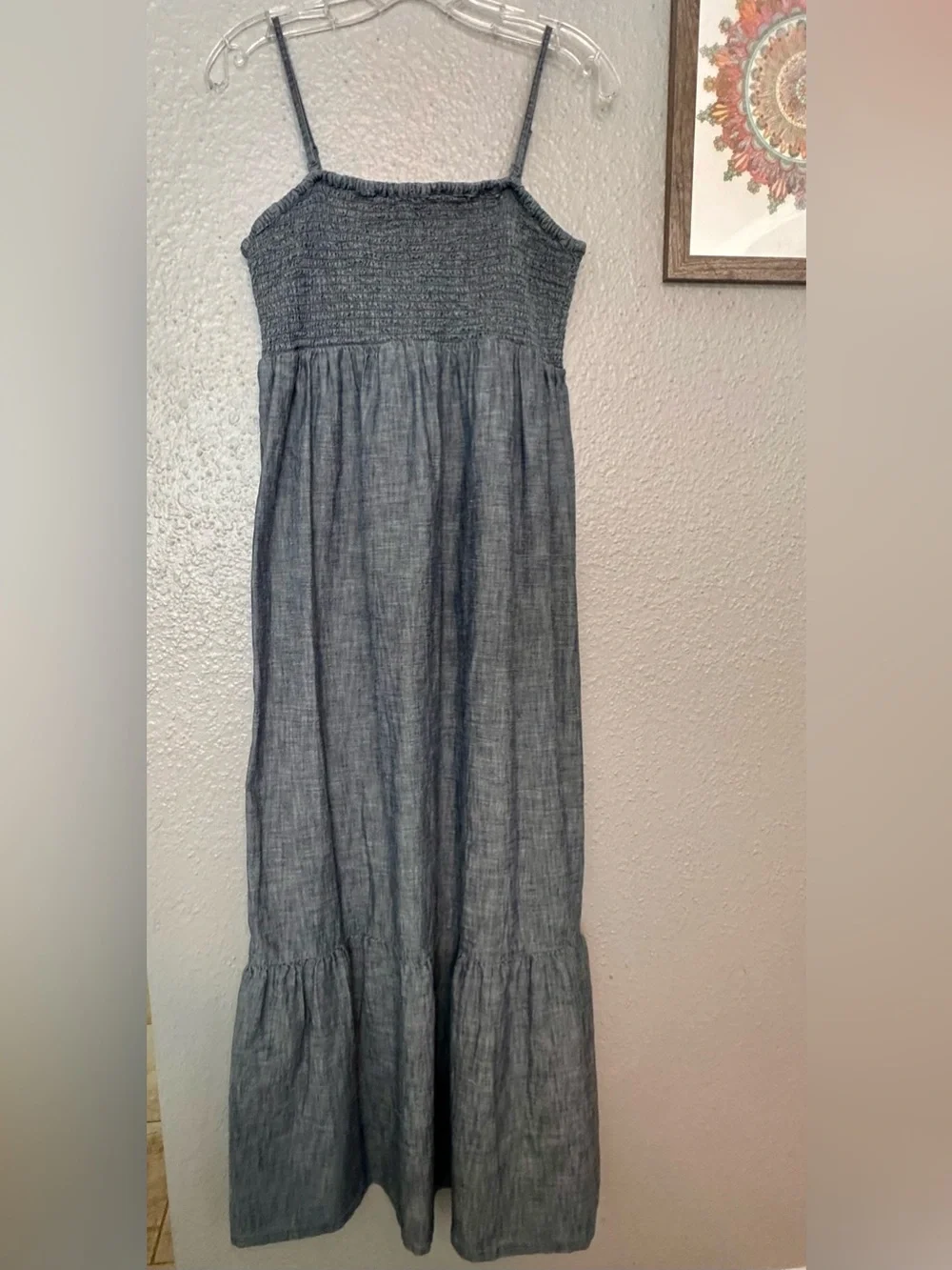 GAP Blue Smocked Linen Blend Maxi Dress Size L | Adjustable Straps | Cottagecore - Picture 2 of 4